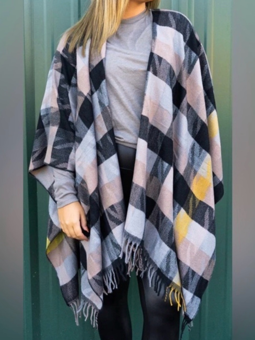 Plaid Fringe Knit Poncho Sweater - Pink, Gray & Black